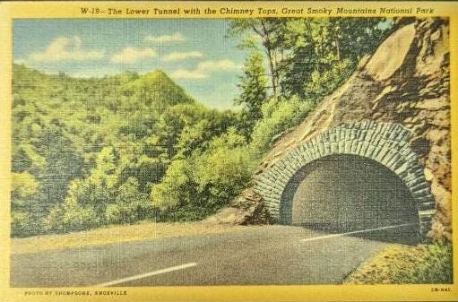 The Lower Tunnel - Chimney Tops - Great Smoky Mountains National Park - Tennessee - 1940s Linen Postcard