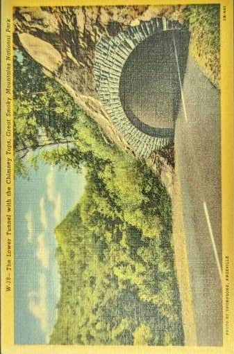 The Lower Tunnel - Chimney Tops - Great Smoky Mountains National Park - Tennessee - 1940s Linen Postcard