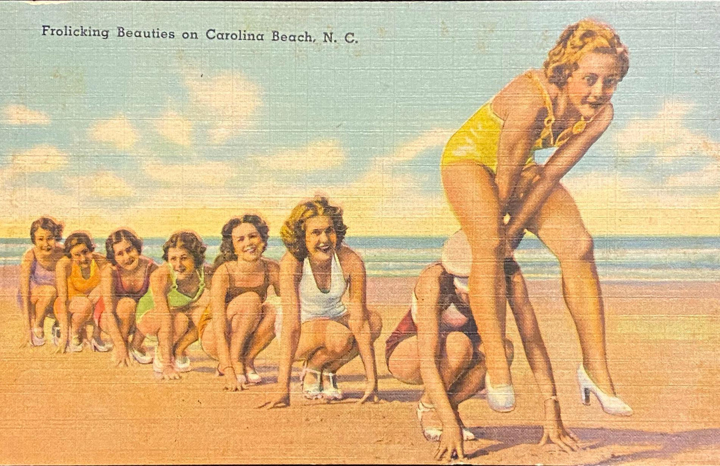 Frolicking Beauties - Carolina Beach, North Carolina - 1930s Linen Postcard