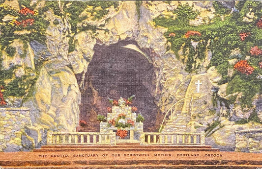 The Grotto - Sanctuary of Our Sorrowful Mother - Portland, Oregon - 1950s Linen Postcard