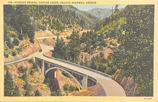 Pioneer Bridge, Canyon Creek, Pacific Highway, Oregon - 1940s Linen Postcard