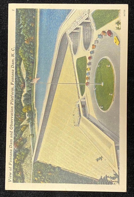 View of Fontana Dam - Observation Platform - Fontana Dam, North Carolina - 1950s Linen Postcard