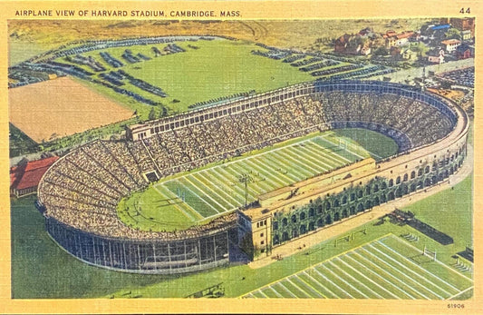 Airplane View of Harvard Stadium - Cambridge, Massachusetts - 1940s Linen Postcard