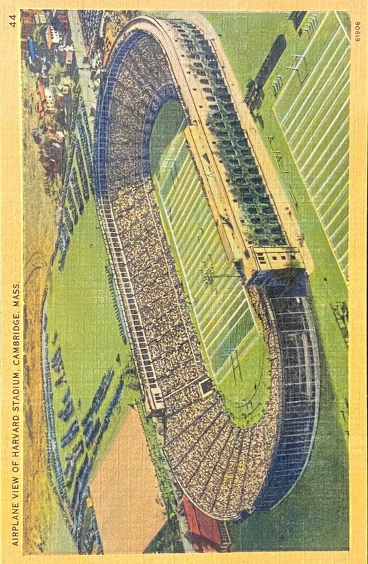 Airplane View of Harvard Stadium - Cambridge, Massachusetts - 1940s Linen Postcard