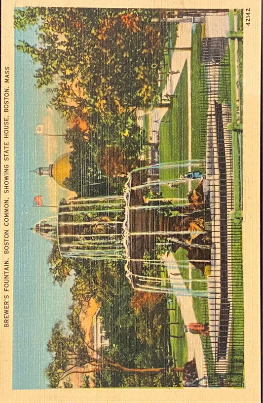 Brewer's Fountain - Boston Common - Showing State House - Boston, Massachusetts - 1940s Linen Postcard