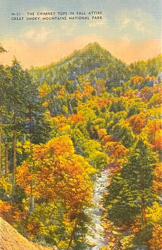 The Chimney Tops in Fall Attire - Great Smoky Mountains National Park, Tennessee - 1940s Linen Postcard