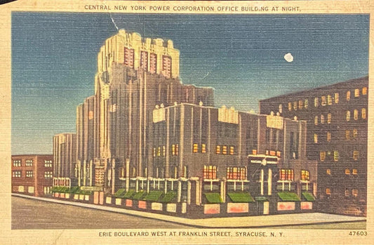 Central New York Power Corporation Office Building at Night - Syracuse, New York - 1940s Linen Postcard