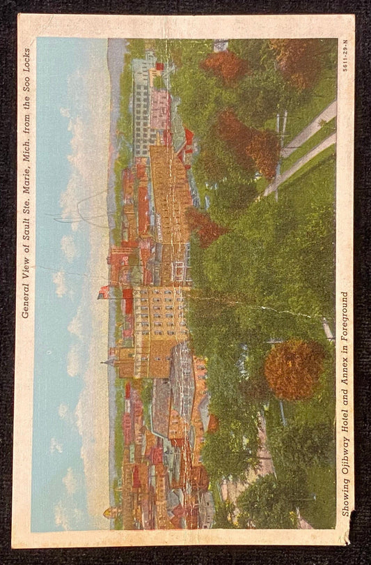 General View - Sault Ste. Marie, Michigan - Soo Locks - 1940s Linen Postcard