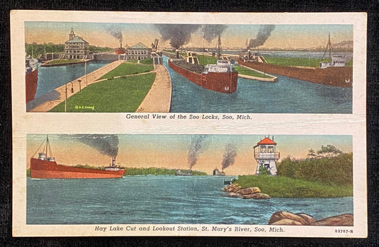 Hay Lake Cut and Lookout Station - St. Mary's River - Soo, Michigan - 1940s Linen Postcard