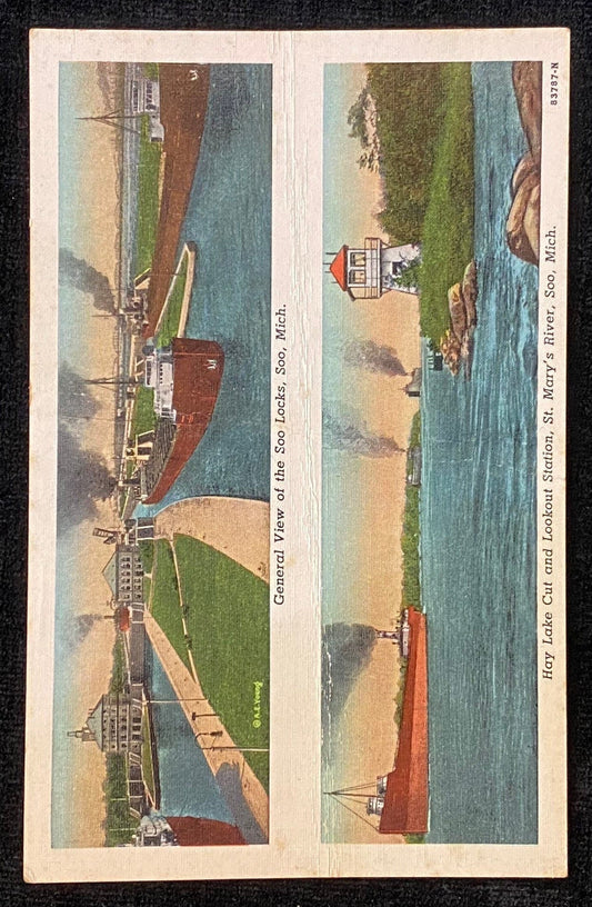 Hay Lake Cut and Lookout Station - St. Mary's River - Soo, Michigan - 1940s Linen Postcard