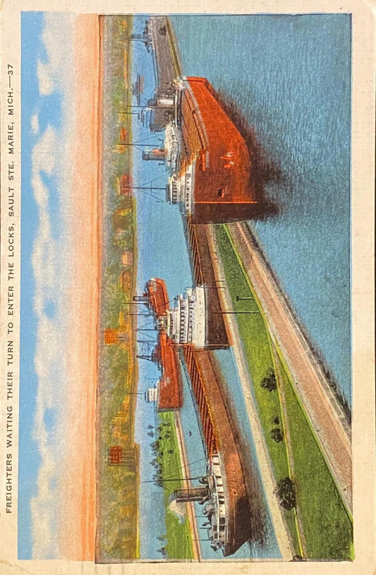 Freighters Waiting Their Turn to Enter the Locks - Sault Ste. Marie, Michigan - 1940s Linen Postcard