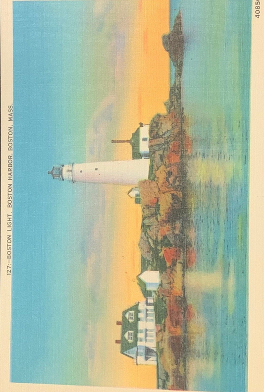 Boston Light - Boston Harbor - Boston, Massachusetts - 1940s Linen Postcards