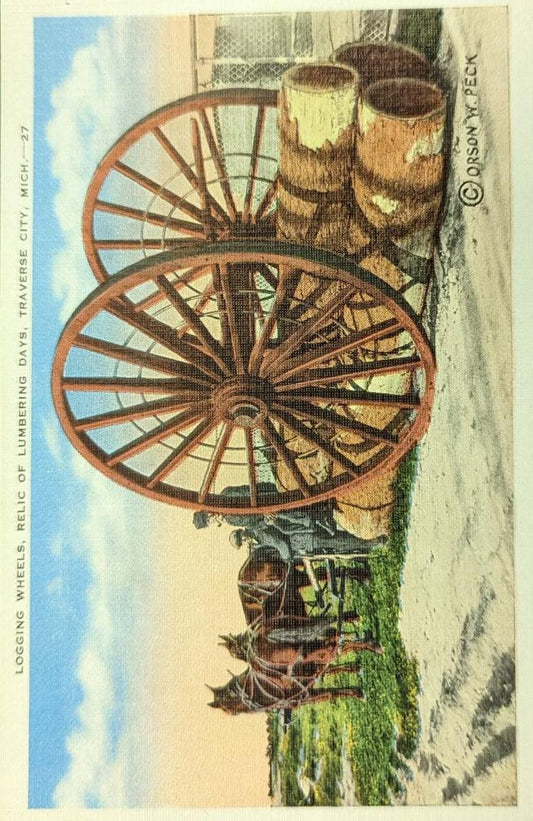 Logging Wheels - Relic of Lumbering Days - Traverse City, Michigan - 1940s Linen Postcard