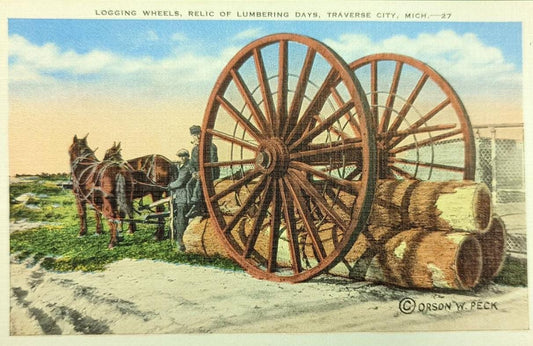 Logging Wheels - Relic of Lumbering Days - Traverse City, Michigan - 1940s Linen Postcard