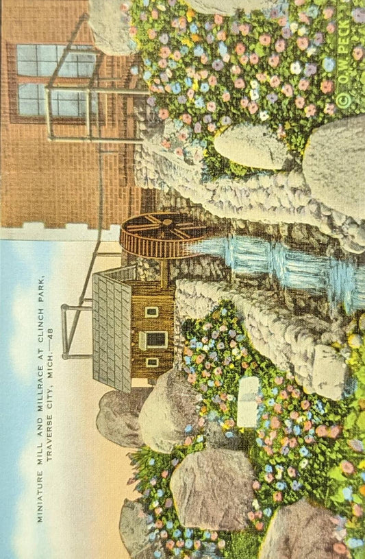 Miniature Mill and Millrace - Clinch Park - Traverse City, Michigan - 1940s Linen Postcard
