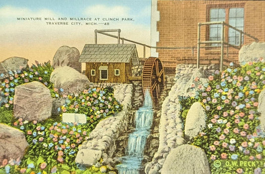 Miniature Mill and Millrace - Clinch Park - Traverse City, Michigan - 1940s Linen Postcard