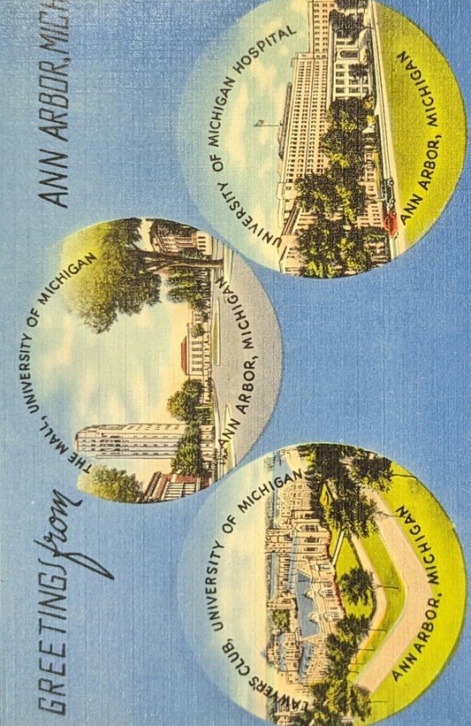 Greetings from Ann Arbor, Michigan - 1940s Linen Postcard