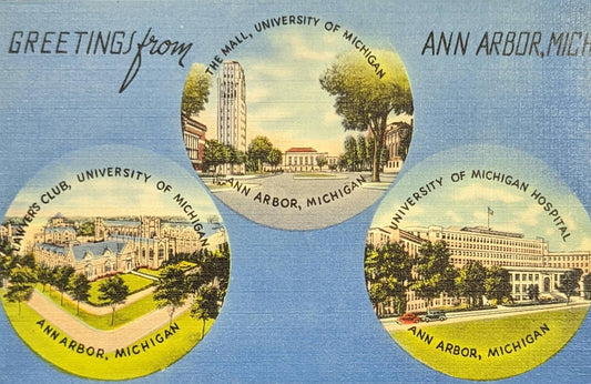 Greetings from Ann Arbor, Michigan - 1940s Linen Postcard