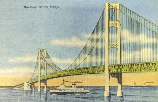 Mackinac Straights Bridge - Mackinac, Michigan - 1940s Linen Postcard
