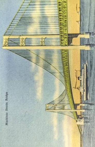 Mackinac Straights Bridge - Mackinac, Michigan - 1940s Linen Postcard
