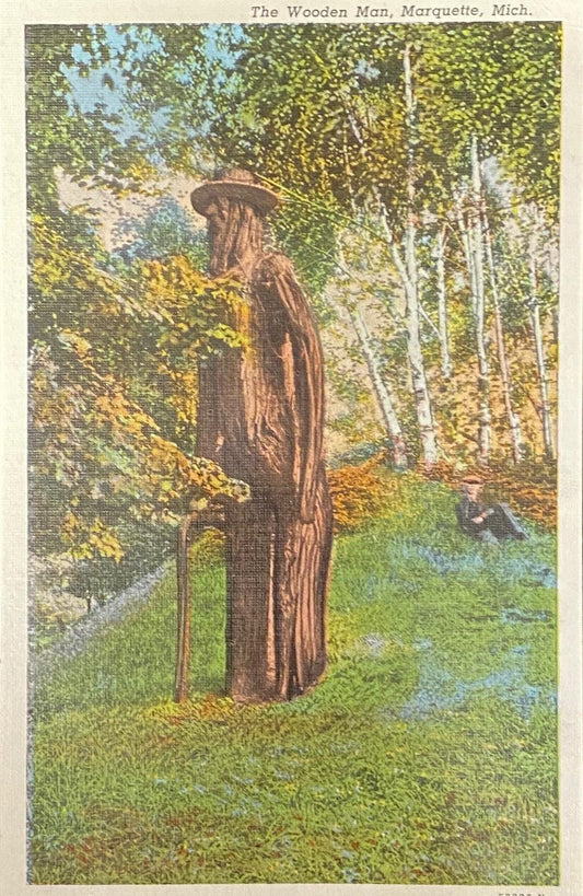 The Wooden Man - Marquette, Michigan - 1940s Linen Postcard