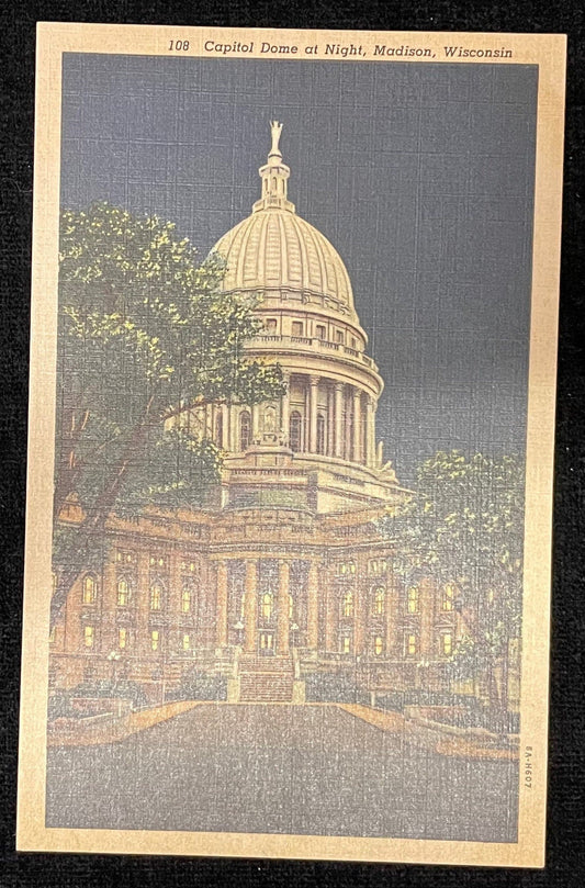 Capitol Dome at Night - Madison, Wisconsin - 1940s Linen Postcard