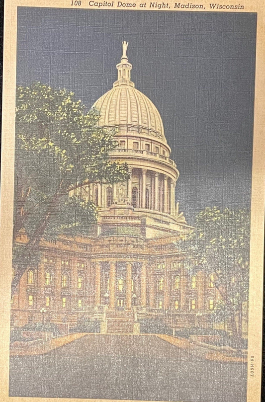 Capitol Dome at Night - Madison, Wisconsin - 1940s Linen Postcard