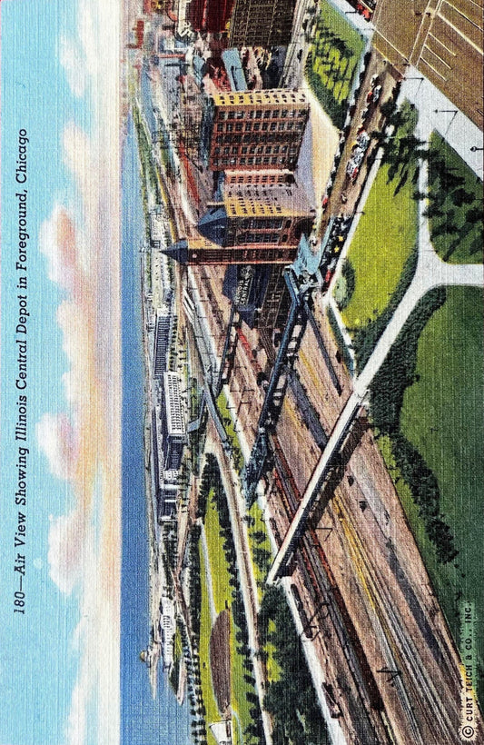 Air View Showing Illinois Central Depot in Foreground - Chicago - 1941 Linen Postcard