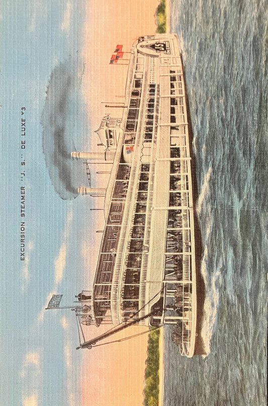Excursion Steamer - “J. S.” De Luxe 3 - Mississippi River - 1940s Linen Postcard