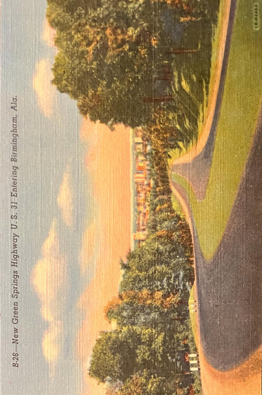 Green Springs Highway U. S. 31 - Birmingham, Alabama - 1940s Linen Postcard