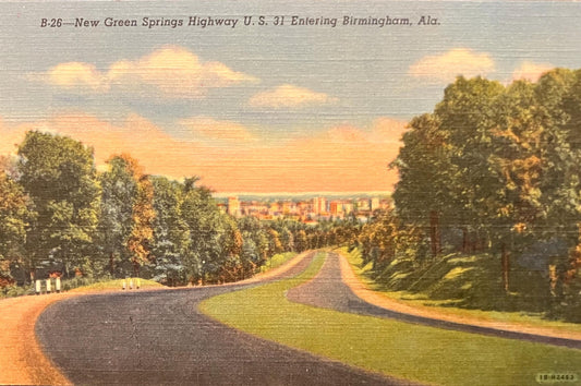 Green Springs Highway U. S. 31 - Birmingham, Alabama - 1940s Linen Postcard