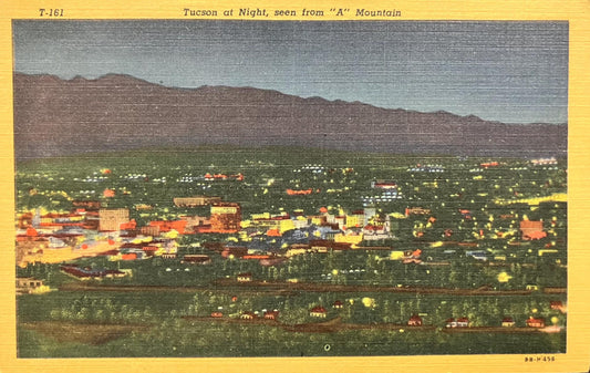 Tucson, Arizona at Night - From "A" Mountain - 1940s Linen Postcard