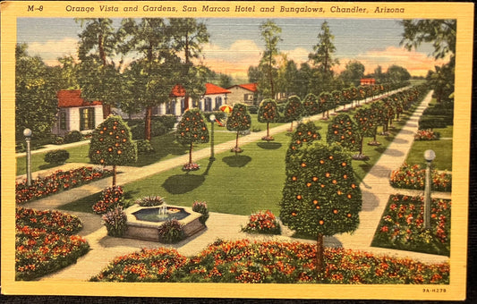 Orange Vista and Gardens - San Marcos Hotel and Bungalows - Chandler, Arizona - 1940s Linen Postcard