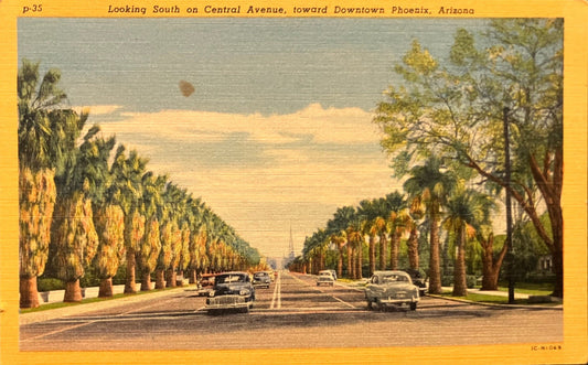Looking South on Central Avenue - Toward Downtown - Phoenix, Arizona - 1950s Linen Postcard