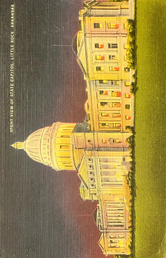Night View of State Capitol - Little Rock, Arkansas - 1940s Linen Postcard