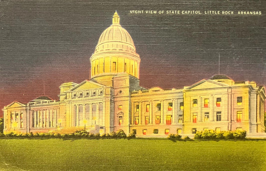 Night View of State Capitol - Little Rock, Arkansas - 1940s Linen Postcard