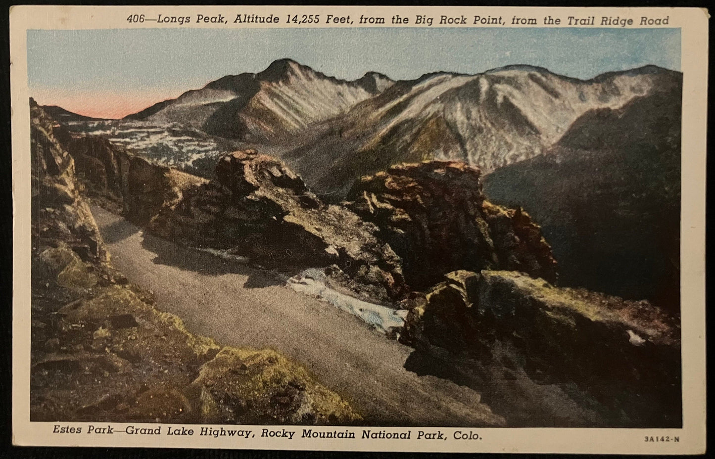 Estes Park - Grand Lake Highway Rocky Mountain Notional Park, Colorado - Longs Peak - 1940s Linen Postcard