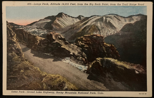 Estes Park - Grand Lake Highway Rocky Mountain Notional Park, Colorado - Longs Peak - 1940s Linen Postcard
