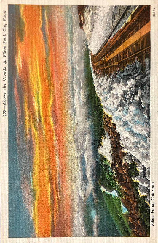 Pikes Peak, Colorado - Above the Clouds - Pikes Peak Cog Road - 1940s Linen Postcard