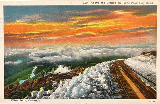 Pikes Peak, Colorado - Above the Clouds - Pikes Peak Cog Road - 1940s Linen Postcard