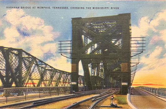 Harahan Bridges at Memphis, Tennessee, Crossing the Mississippi River - Linen Bridge Postcard