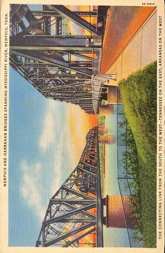 Memphis and Harrahan Bridges Spanning Mississippi River, Memphis, Tennessee - Linen Bridge Postcard