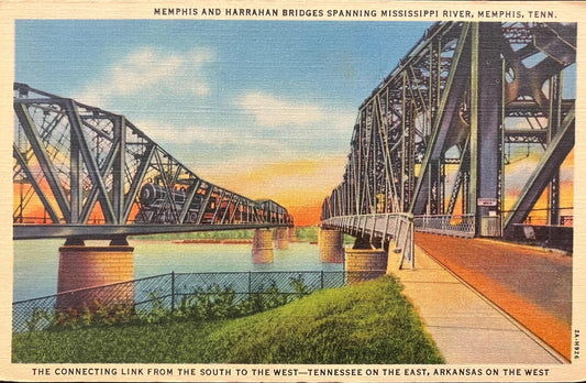 Memphis and Harrahan Bridges Spanning Mississippi River, Memphis, Tennessee - Linen Bridge Postcard