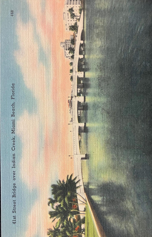41st Street Bridge over Indian Creek, Miami Beach, Florida - Linen Bridge Postcard