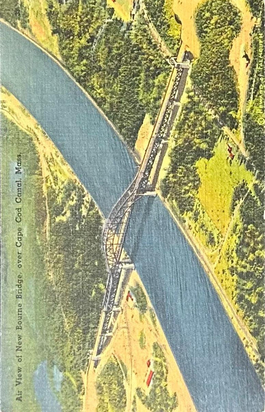 Air View of New Bourne Bridge, over Cape Cod Canal, Massachusetts - Linen Postcard