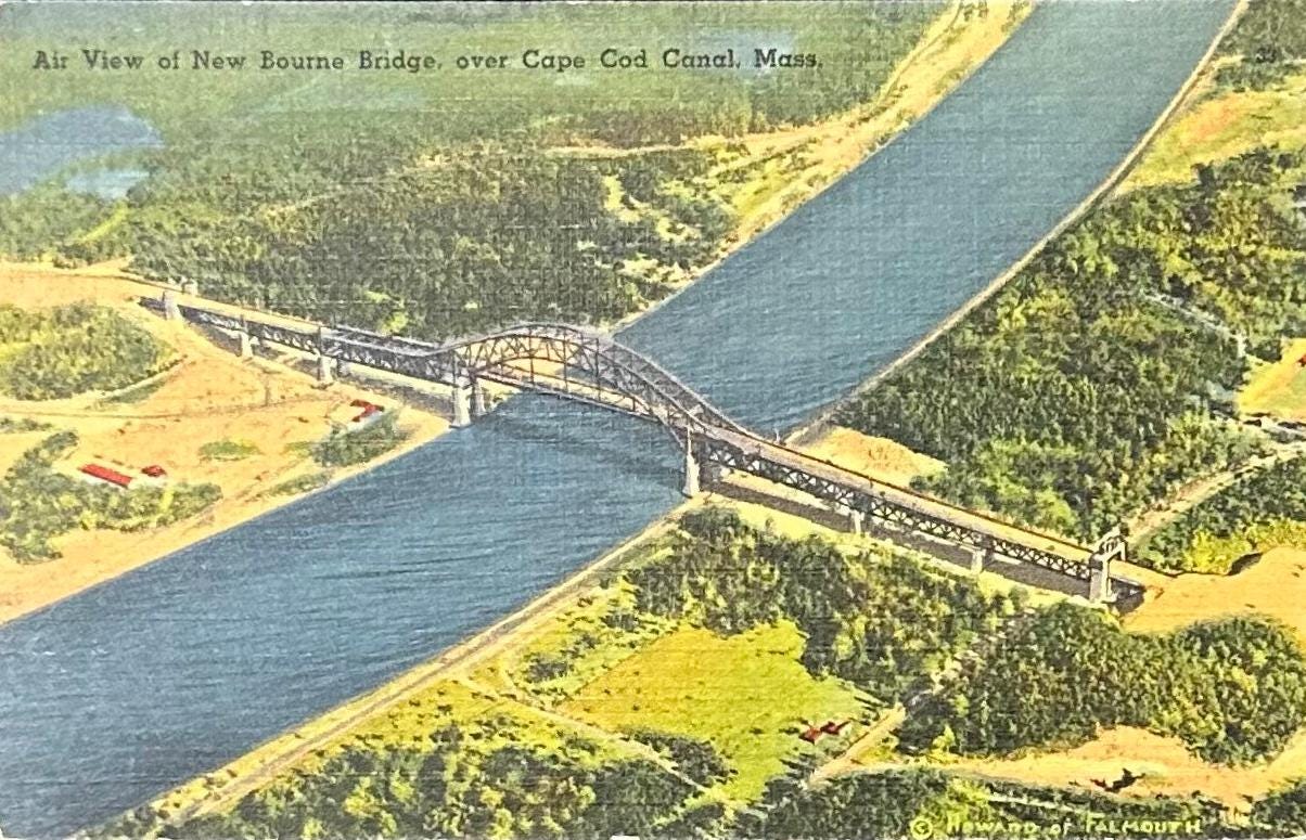Air View of New Bourne Bridge, over Cape Cod Canal, Massachusetts - Linen Postcard