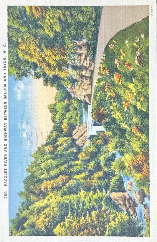 750 Pacolet River and Highway between Saluda and Tryon, North Carolina - Linen Postcard