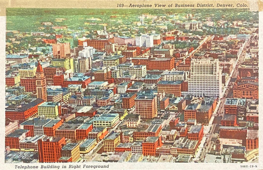 Aeroplane View of Business District, Denver, Colorado - Linen Postcard