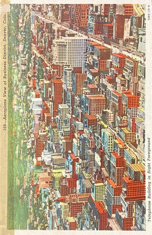Aeroplane View of Business District, Denver, Colorado - Linen Postcard