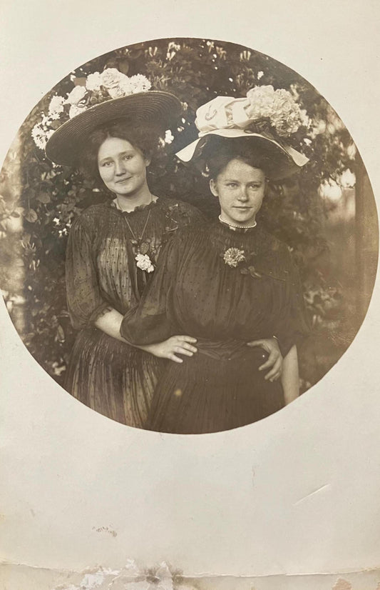 RPPC - Young Mother and Daughter in Floral Hats Posing Together -  Spring or Easter Real Photo Postcard - Early 1900